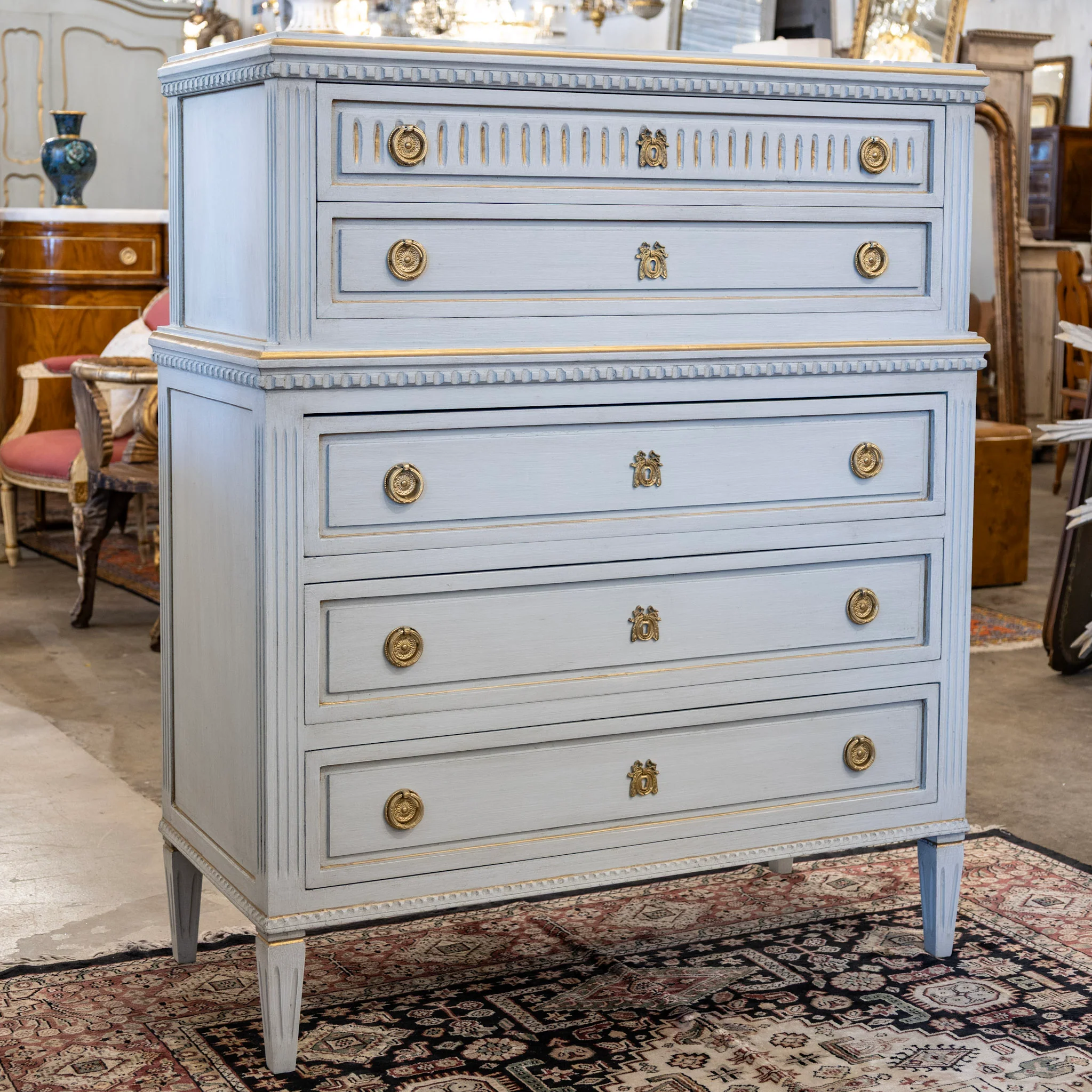 Swedish Tall Chest – Blue with Gold Trim and Brass Hardware - Image 3