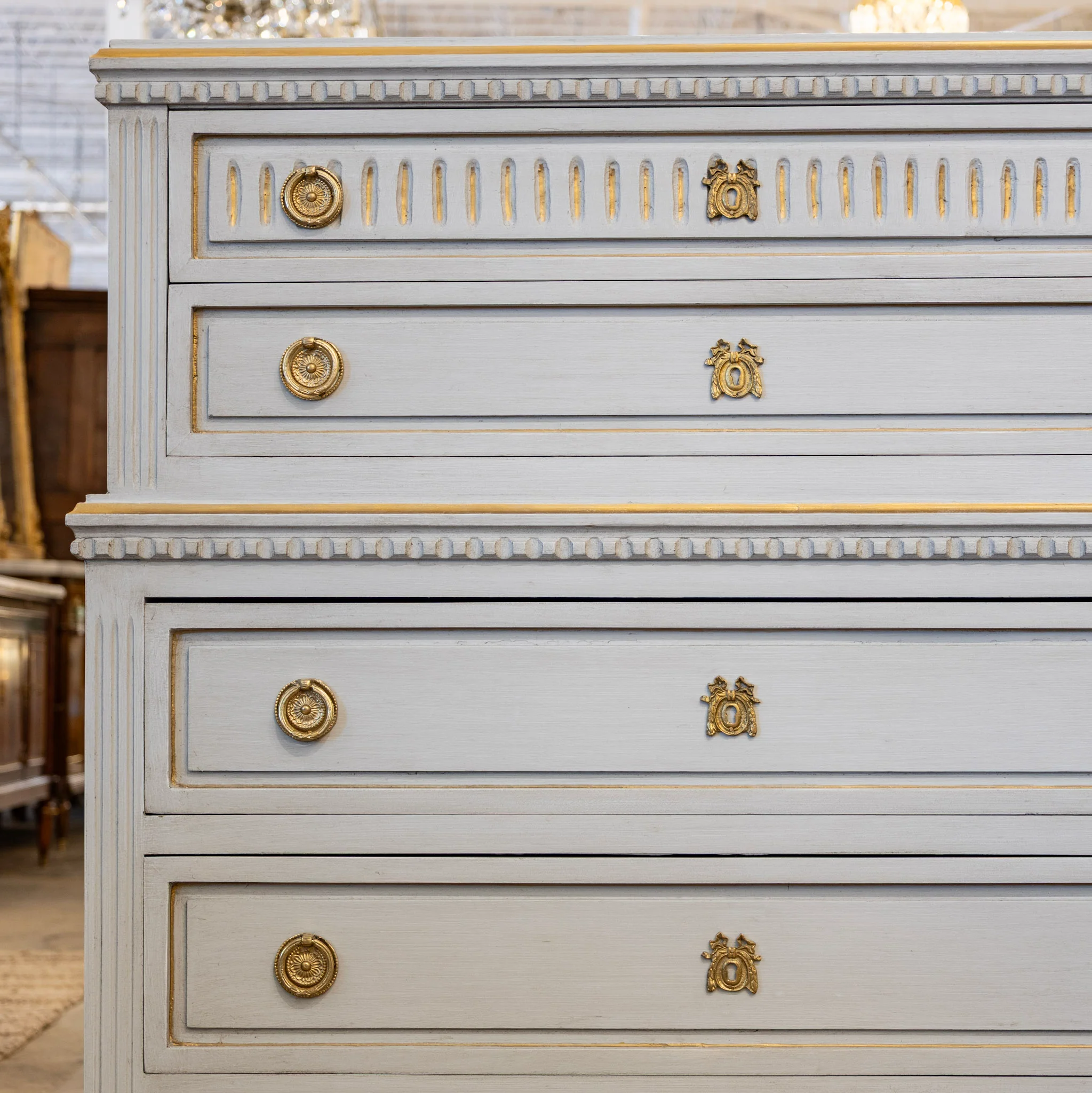 Swedish Tall Chest – Blue with Gold Trim and Brass Hardware - Image 4