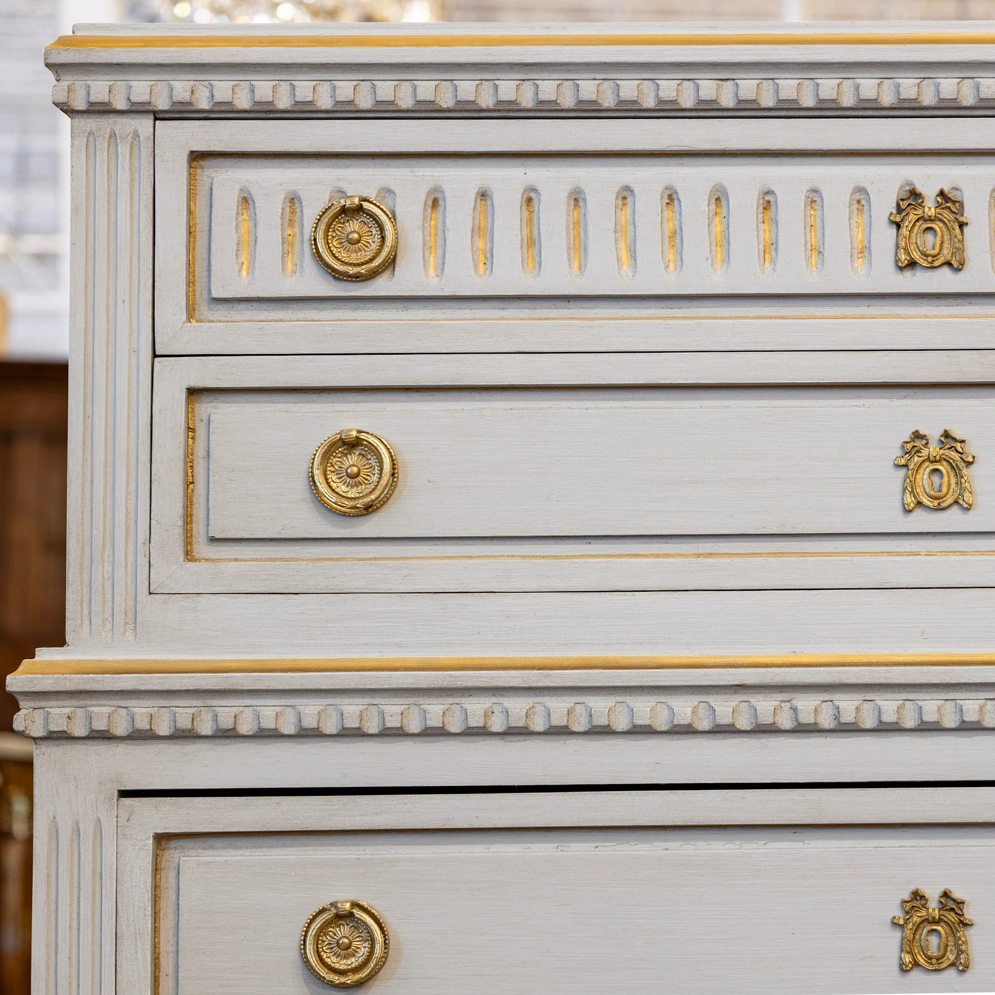 Swedish Tall Chest – Blue with Gold Trim and Brass Hardware - Image 5
