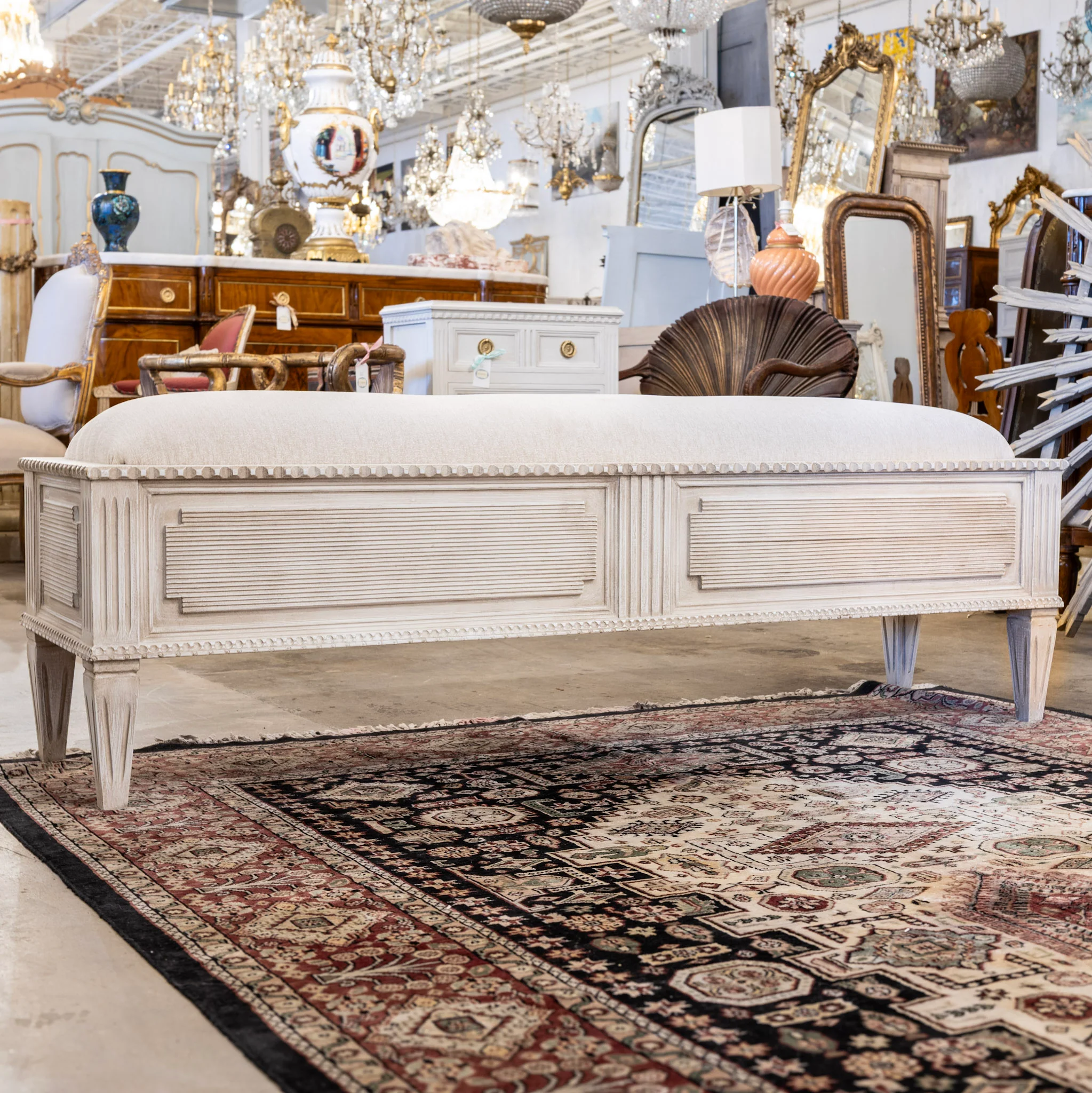 Swedish White Bench – Reeded Panels & Linen Upholstery - Image 3