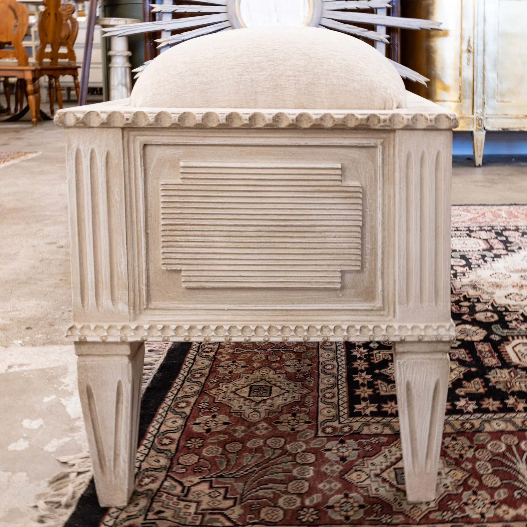 Swedish White Bench – Reeded Panels & Linen Upholstery - Image 5
