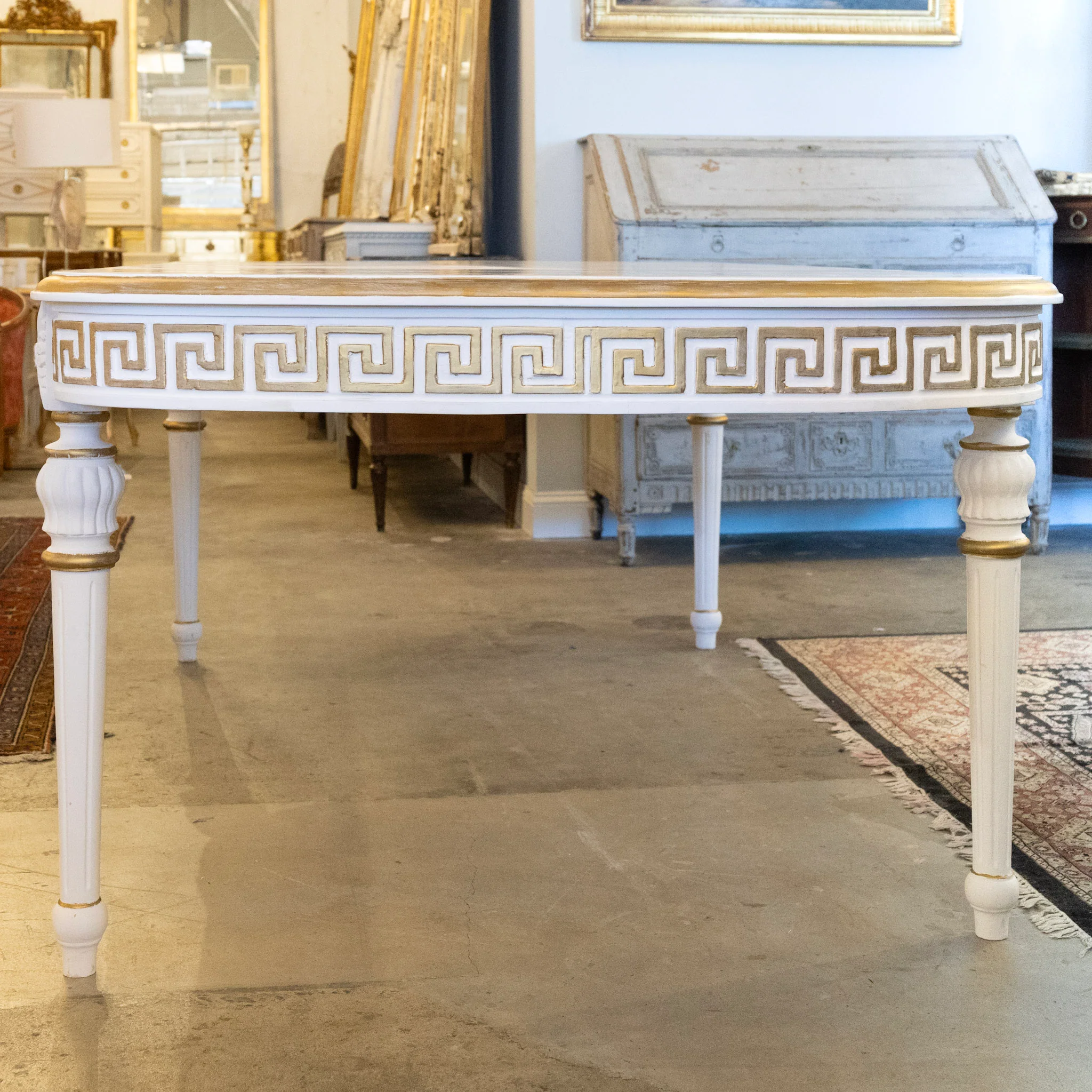 Swedish White Oval Dining Table – Gilded Greek Key Apron & Rounded Legs - Image 10