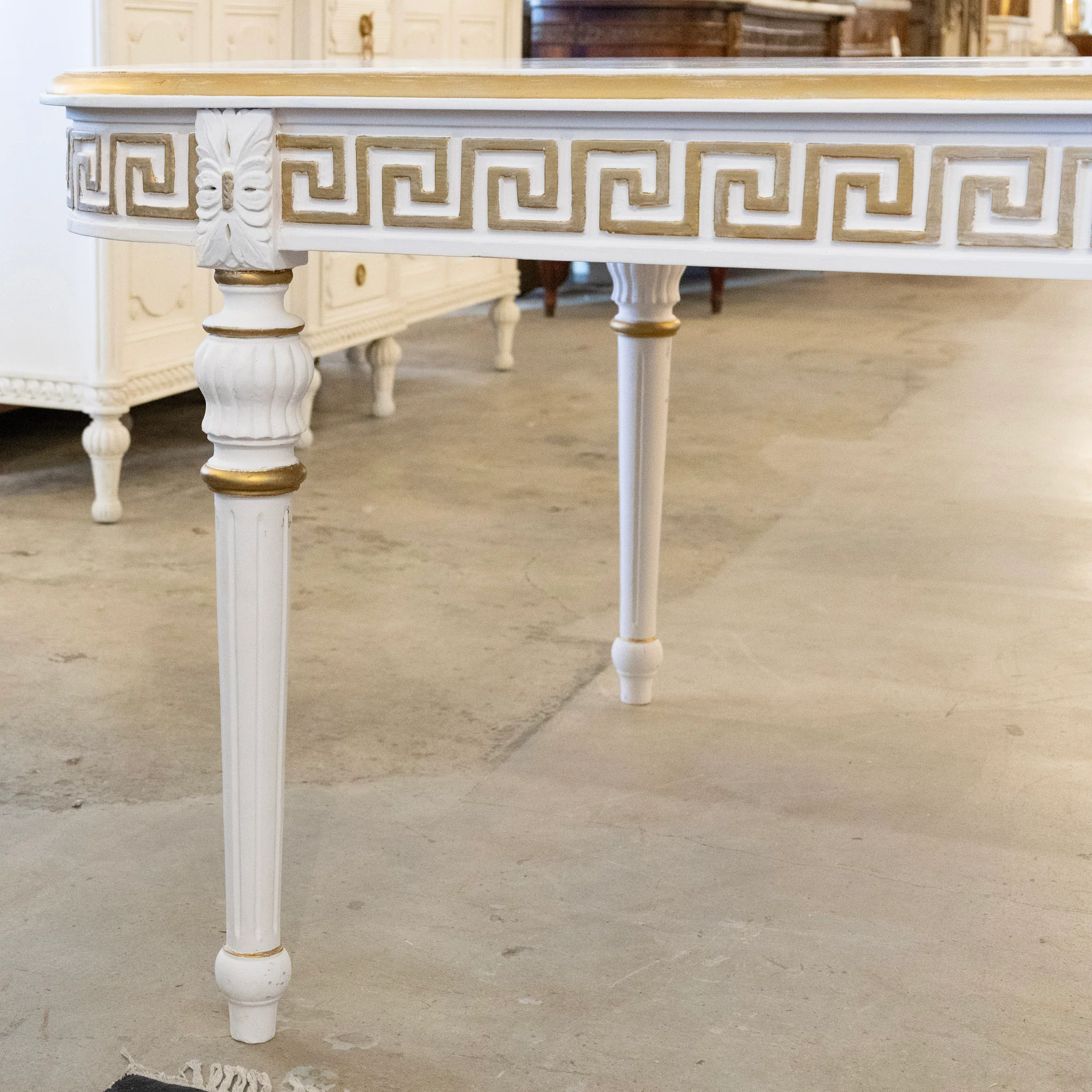 Swedish White Oval Dining Table – Gilded Greek Key Apron & Rounded Legs - Image 3