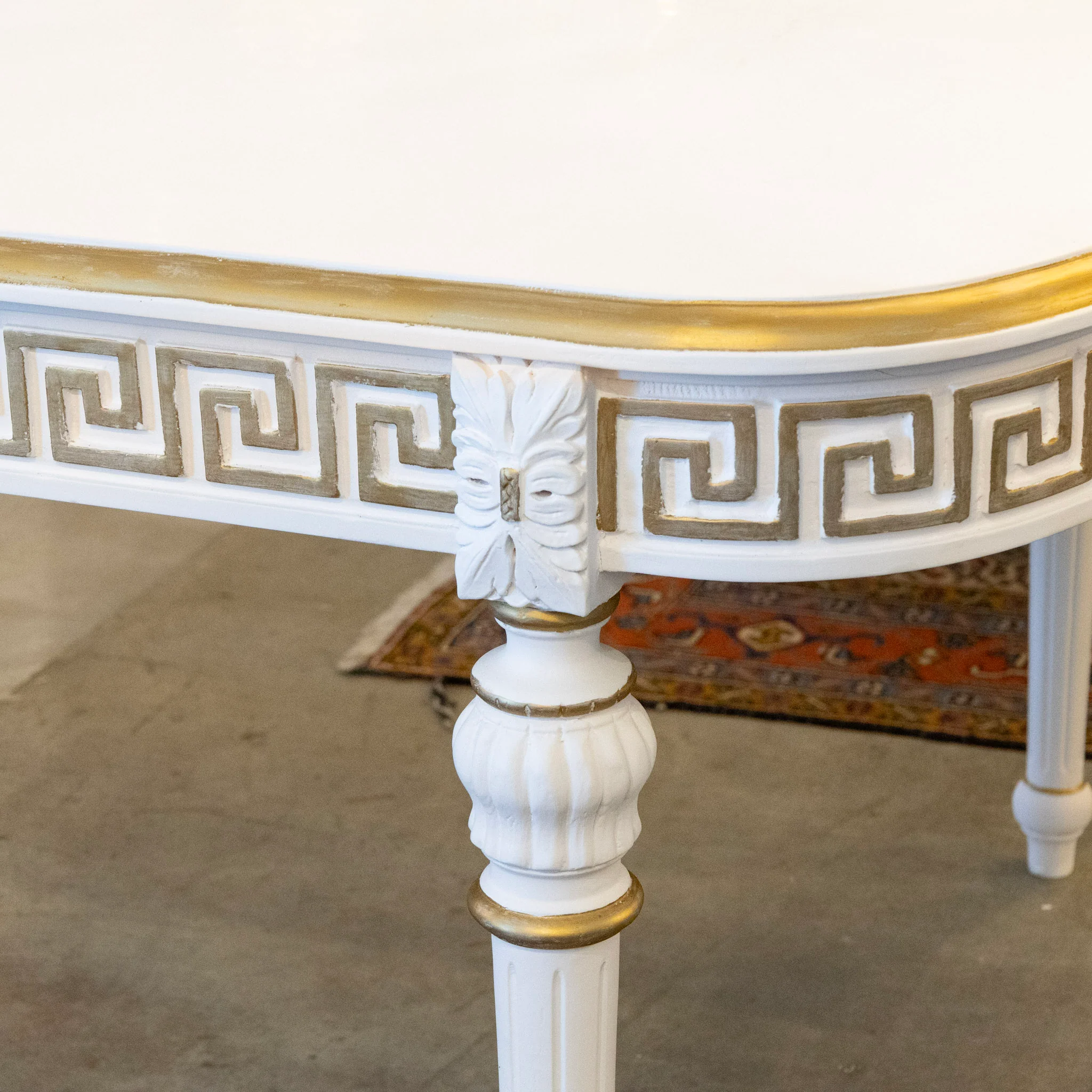Swedish White Oval Dining Table – Gilded Greek Key Apron & Rounded Legs - Image 4