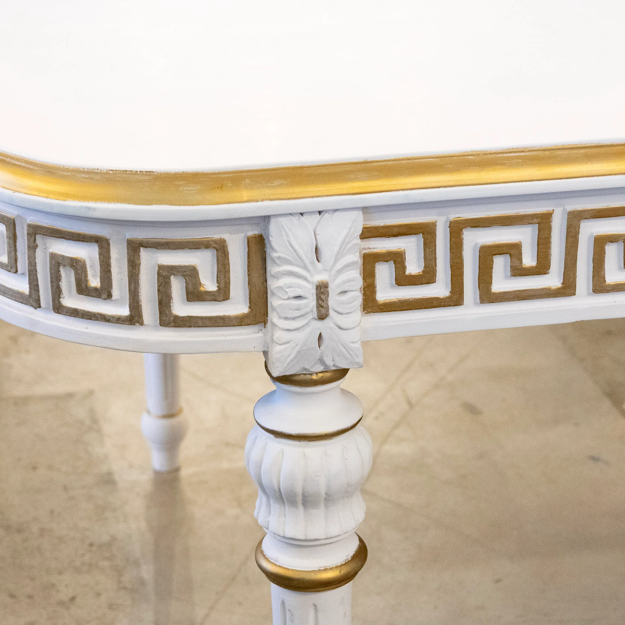 Swedish White Oval Dining Table – Gilded Greek Key Apron & Rounded Legs - Image 5