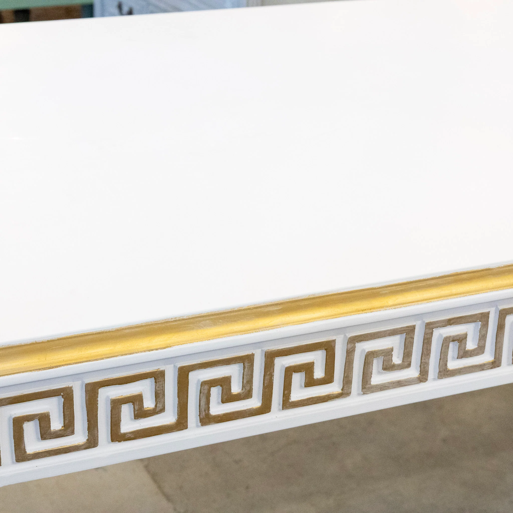 Swedish White Oval Dining Table – Gilded Greek Key Apron & Rounded Legs - Image 6