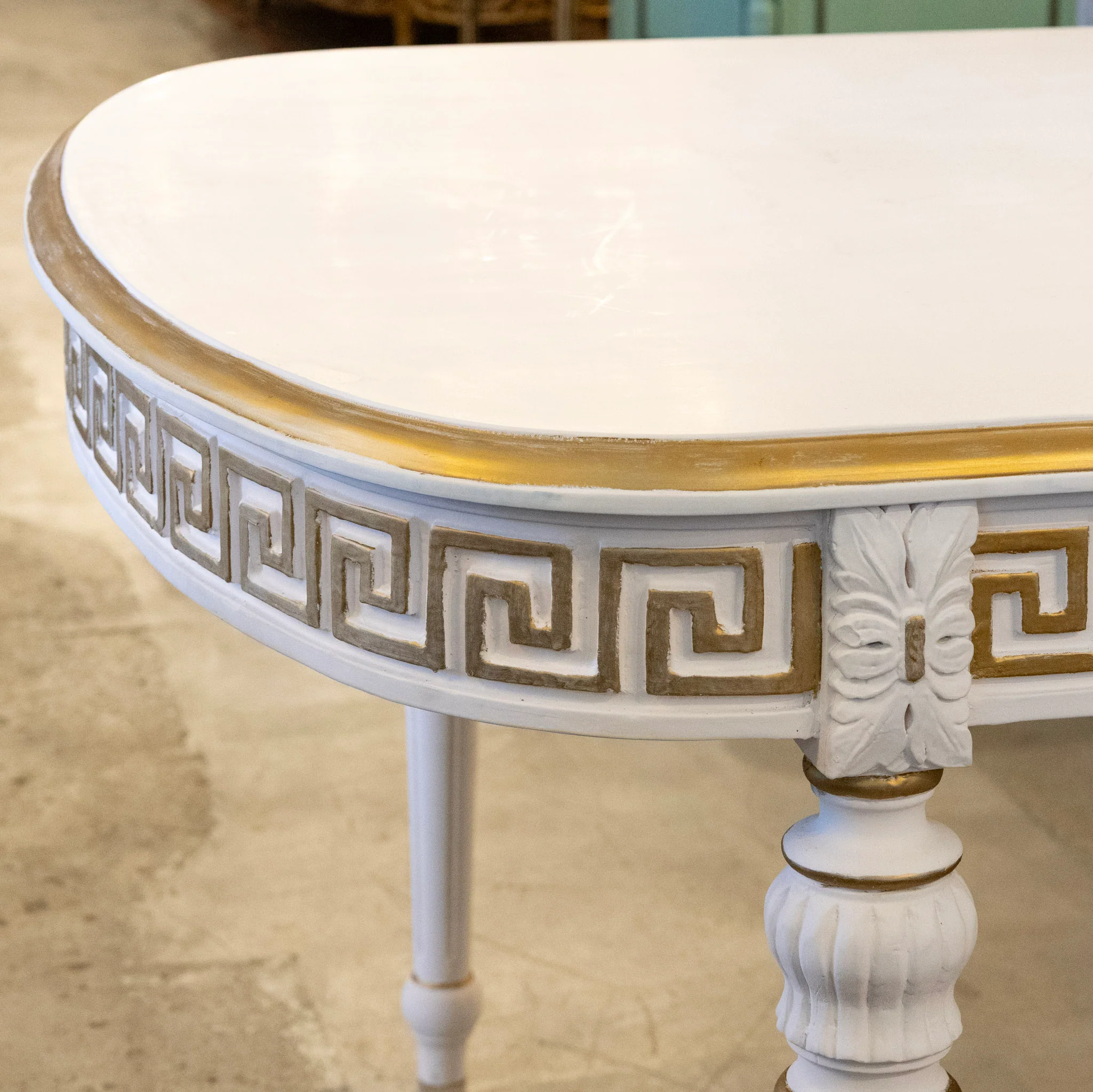 Swedish White Oval Dining Table – Gilded Greek Key Apron & Rounded Legs - Image 9