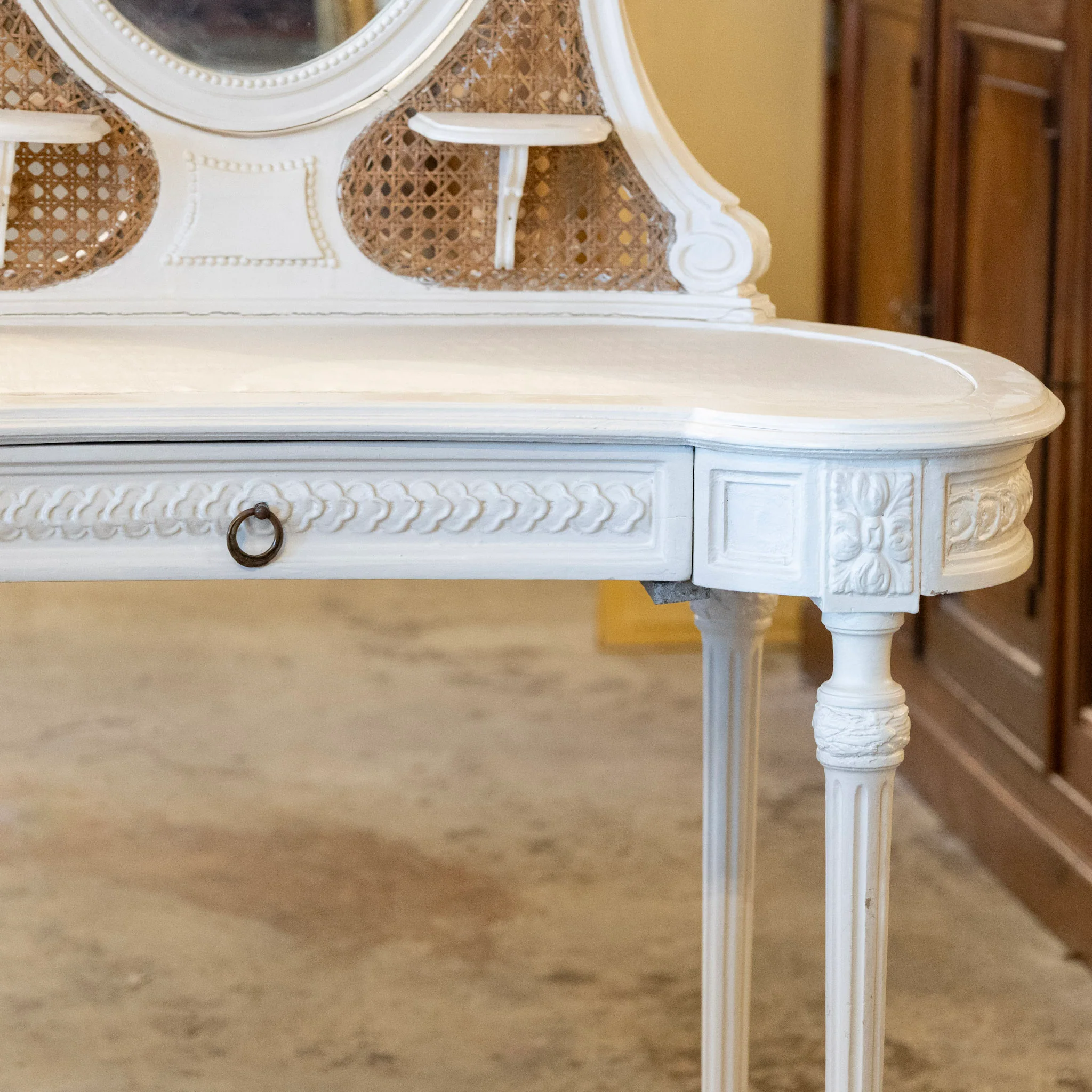 Swedish White Vanity – Oval Mirror & Cane Panels - Image 11