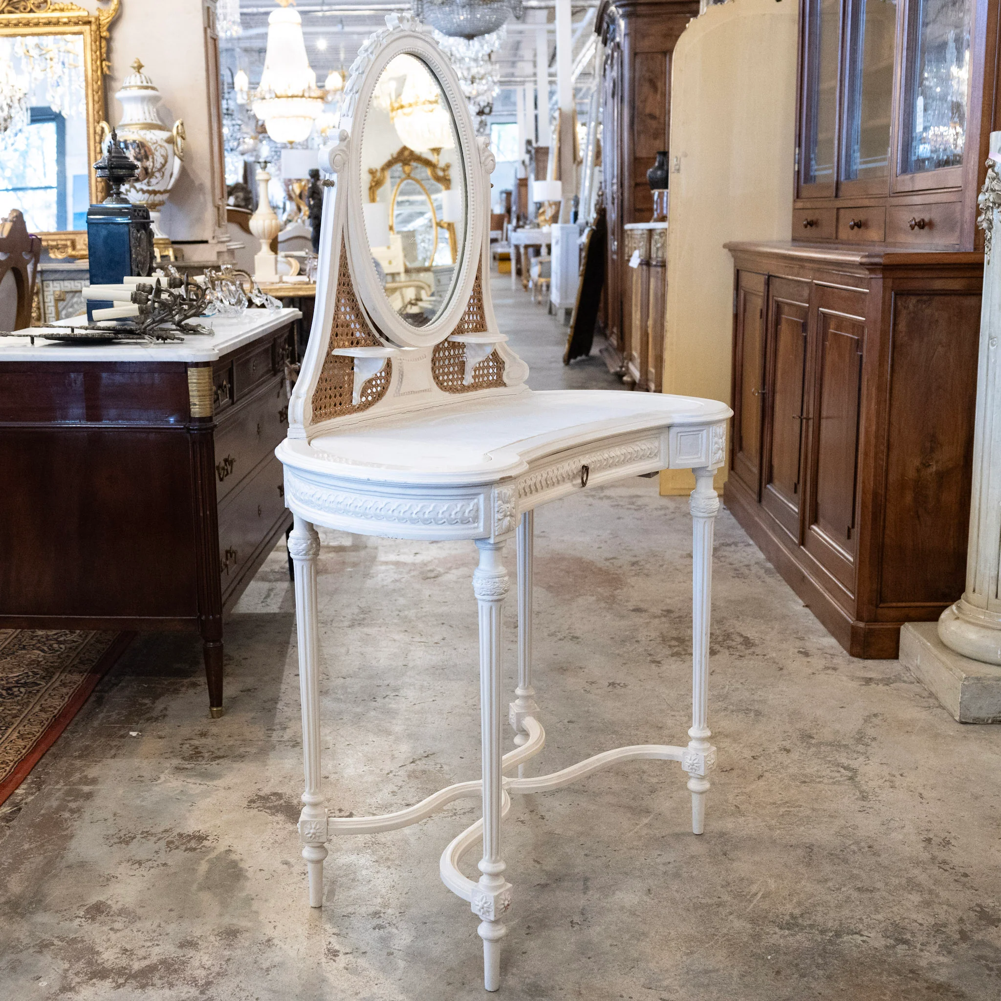 Swedish White Vanity – Oval Mirror & Cane Panels - Image 13