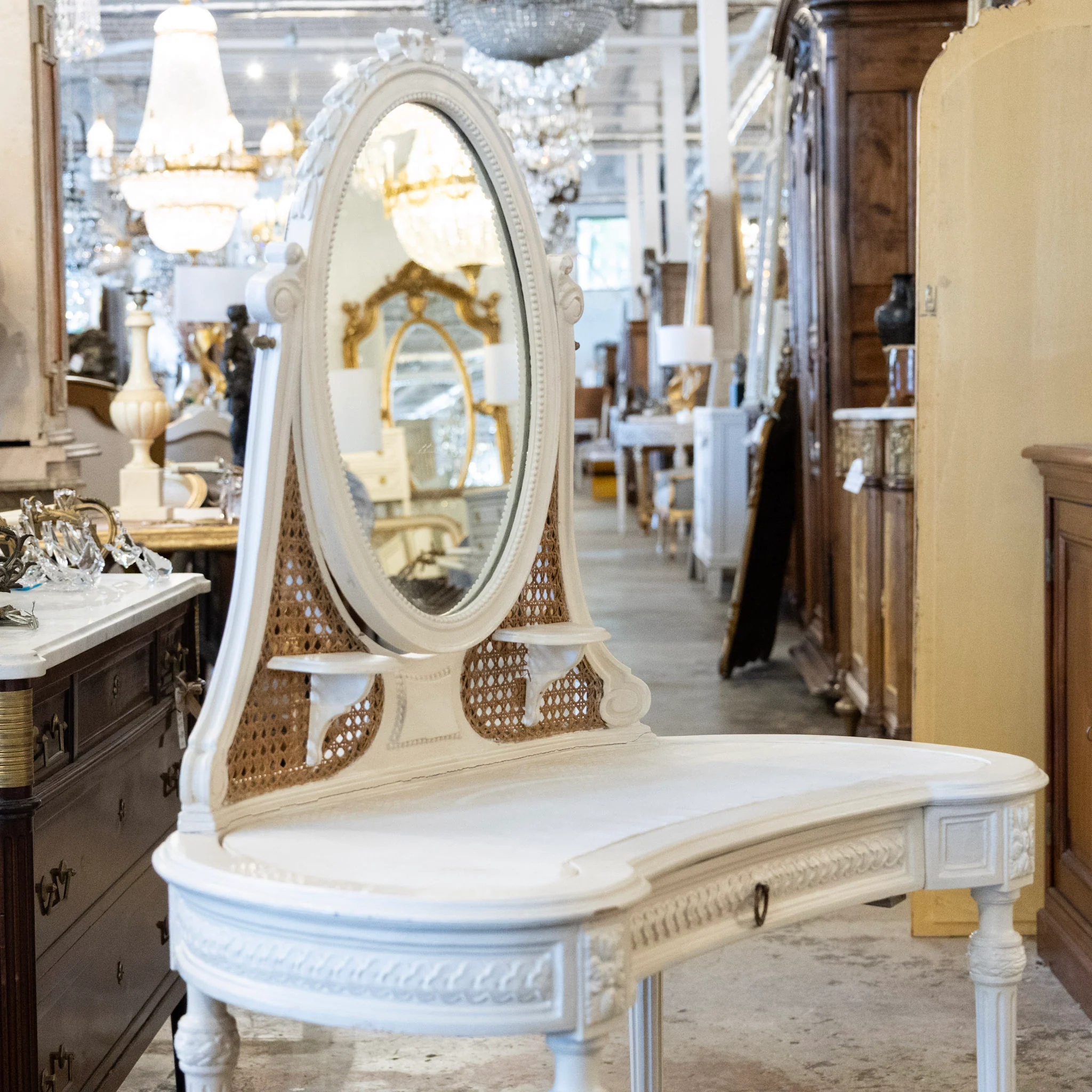 Swedish White Vanity – Oval Mirror & Cane Panels - Image 14
