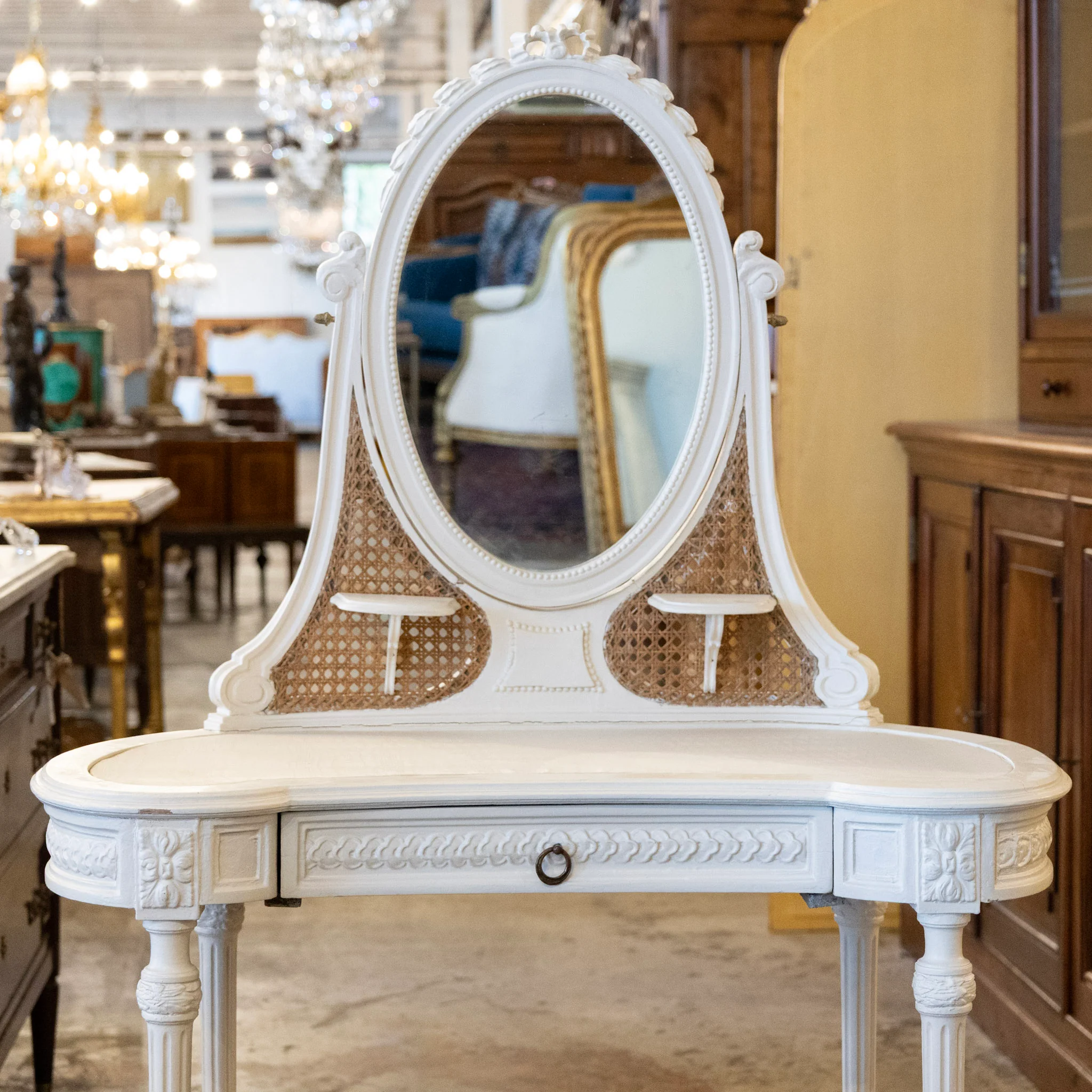 Swedish White Vanity – Oval Mirror & Cane Panels - Image 2
