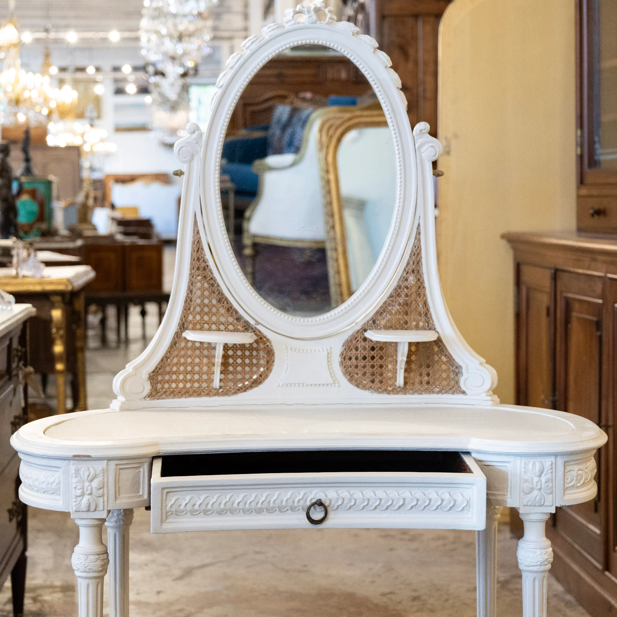 Swedish White Vanity – Oval Mirror & Cane Panels - Image 3