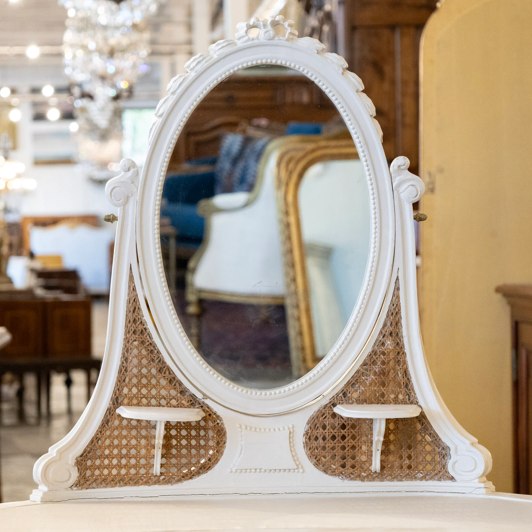 Swedish White Vanity – Oval Mirror & Cane Panels - Image 4