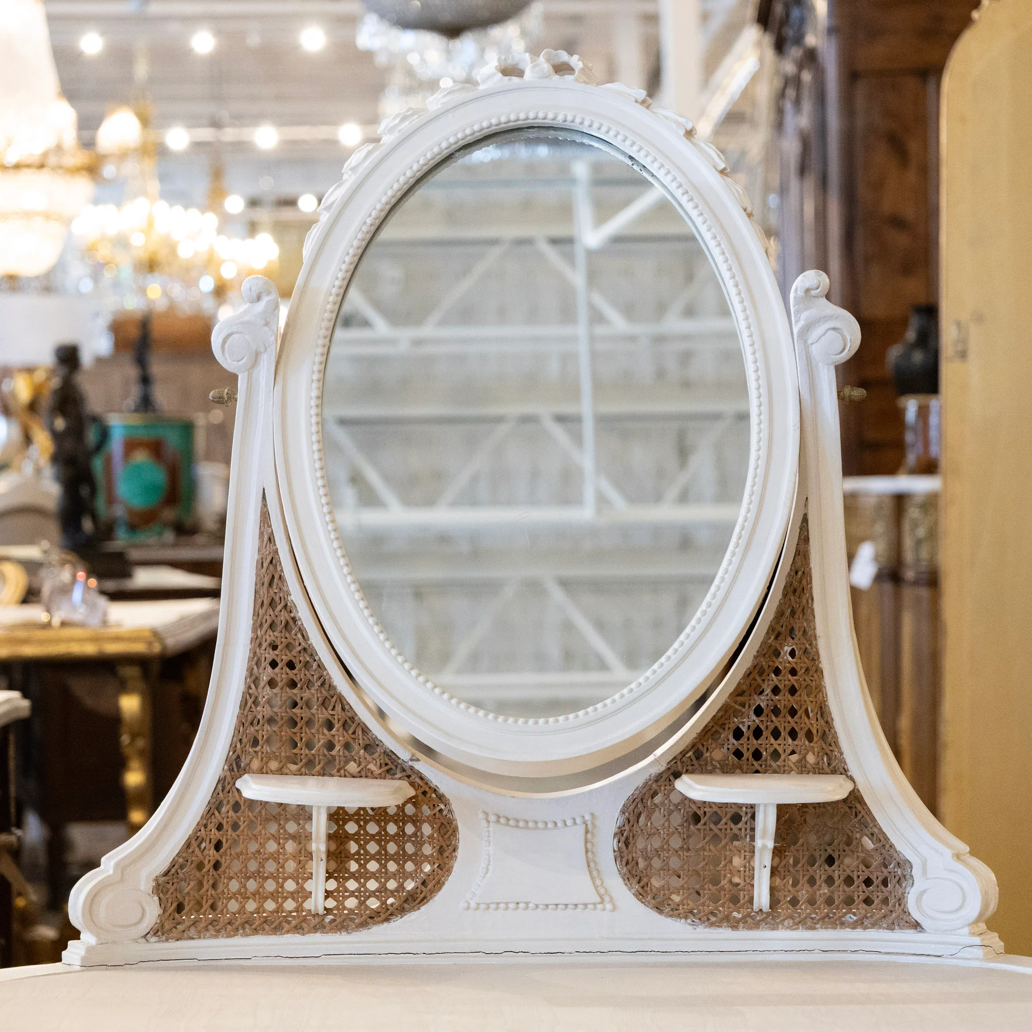 Swedish White Vanity – Oval Mirror & Cane Panels - Image 6