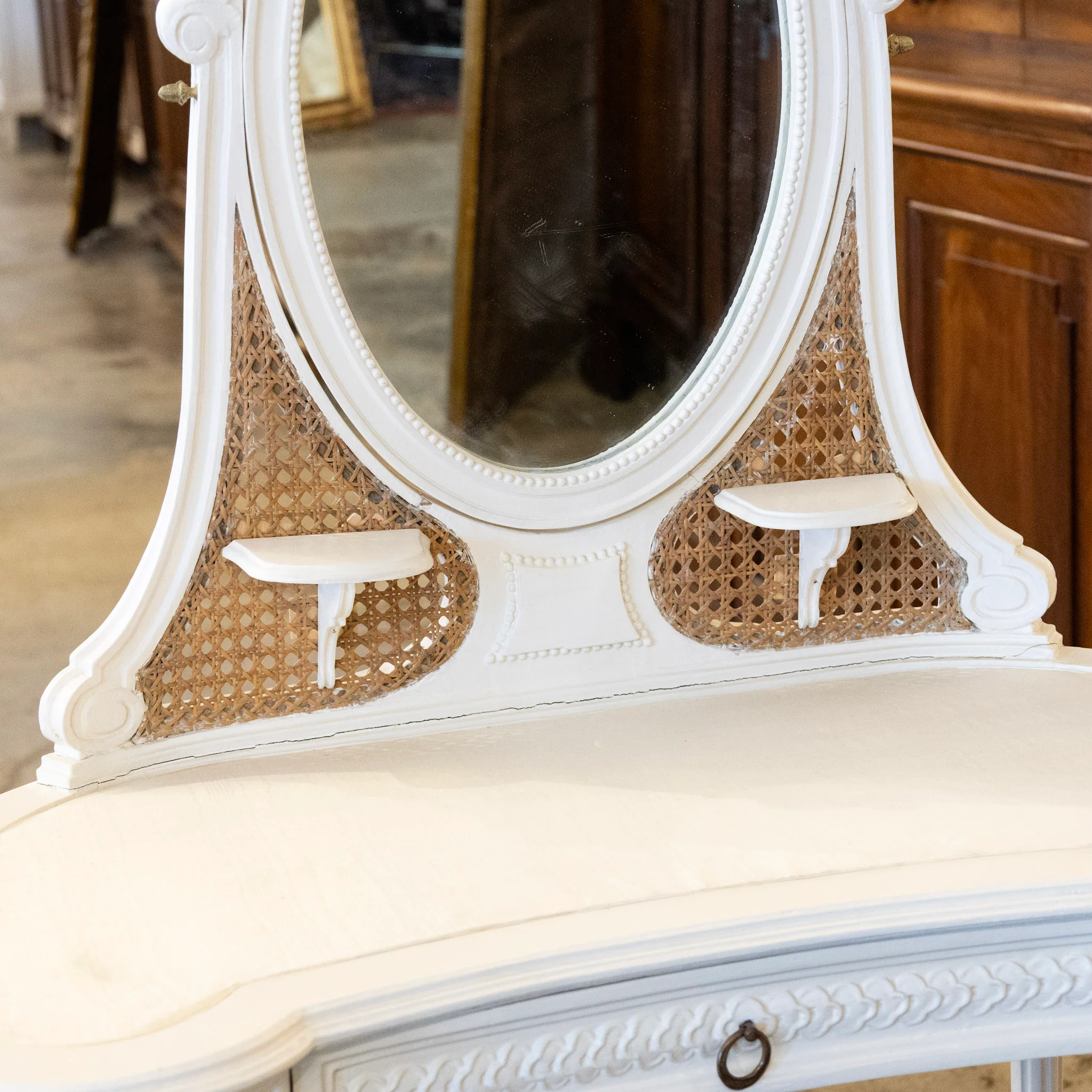 Swedish White Vanity – Oval Mirror & Cane Panels - Image 7
