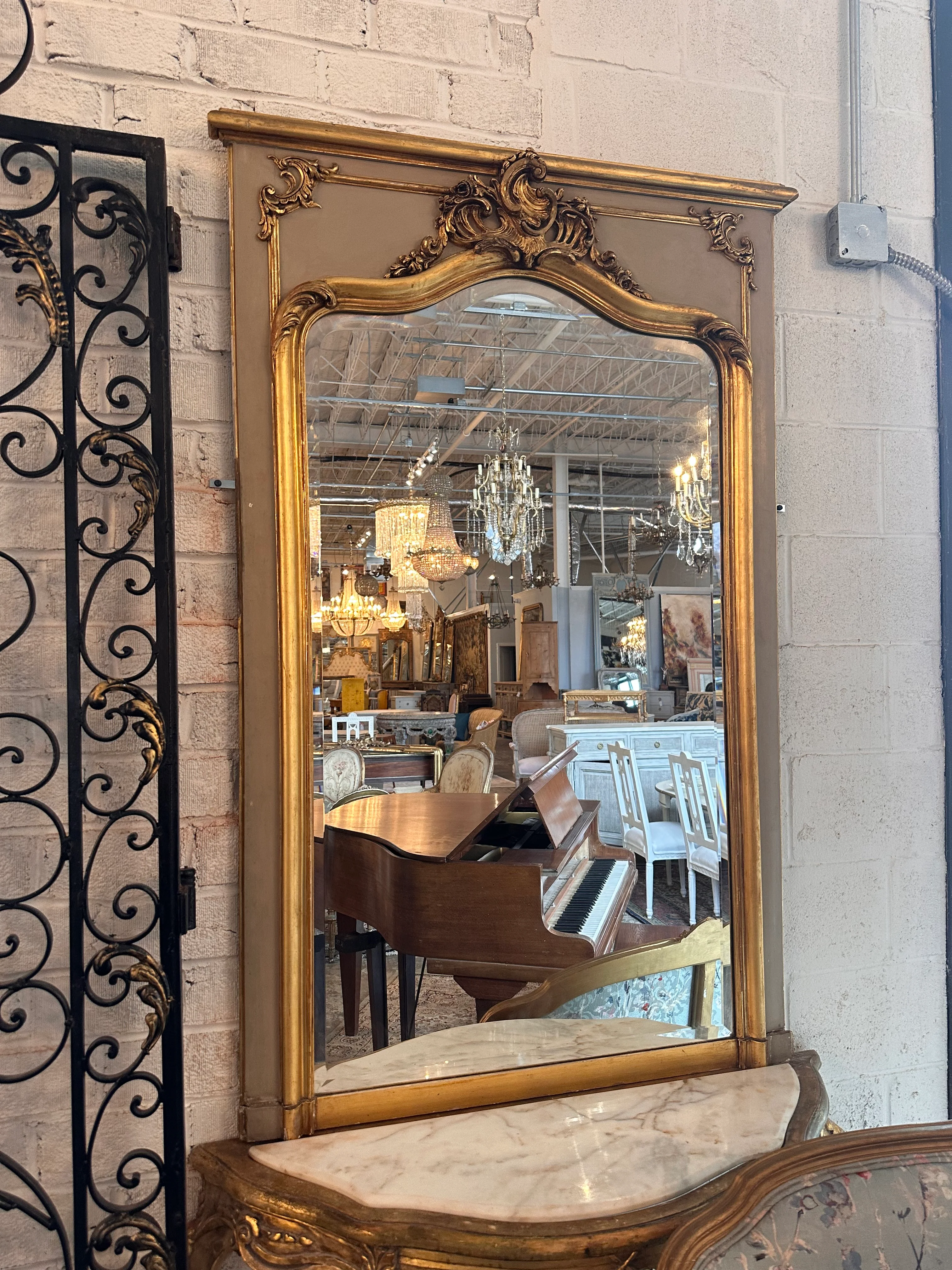 Taupe Trumeau French Mirror with Antique Beveled Glass