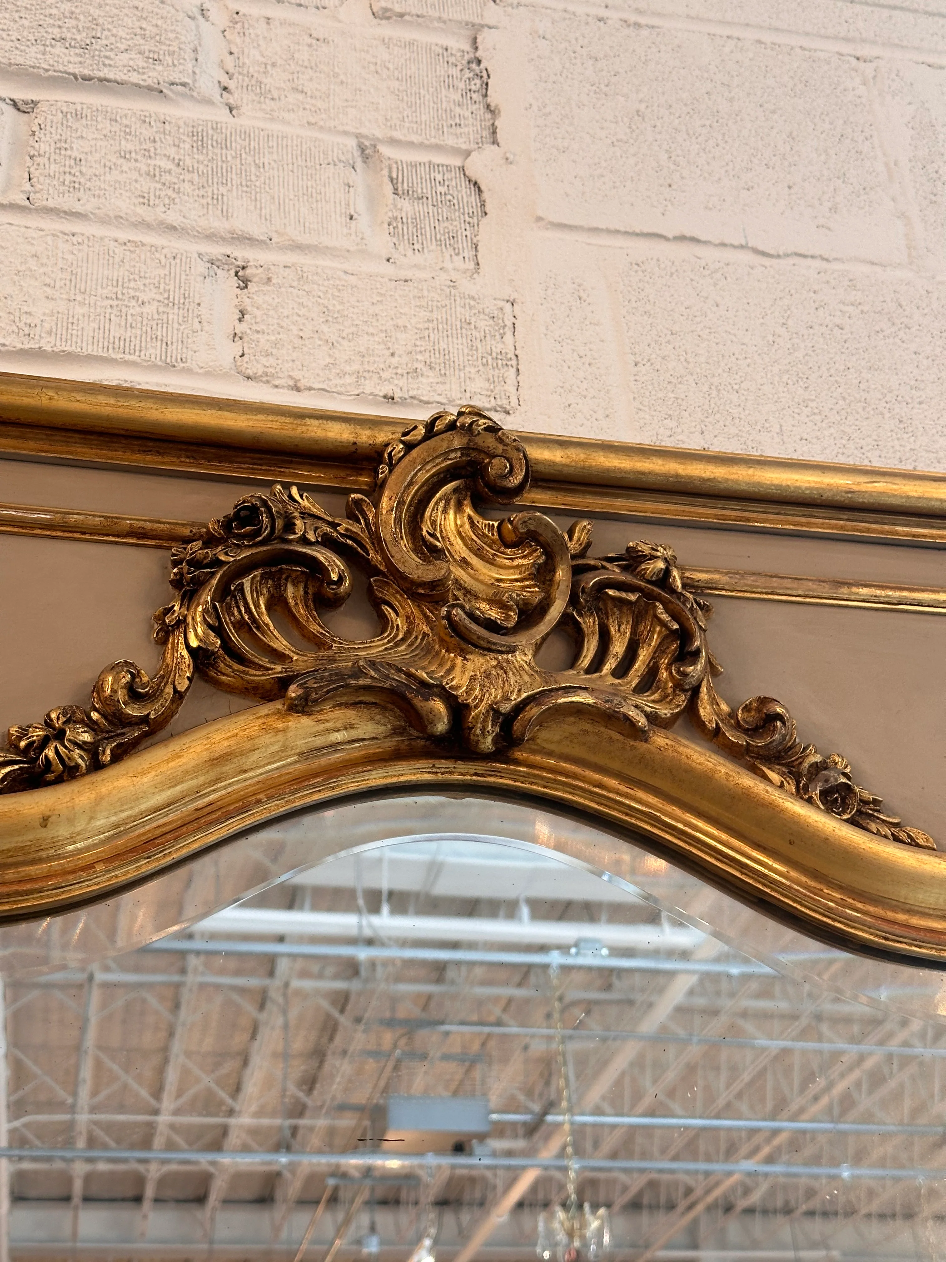 Taupe Trumeau French Mirror with Antique Beveled Glass - Image 2
