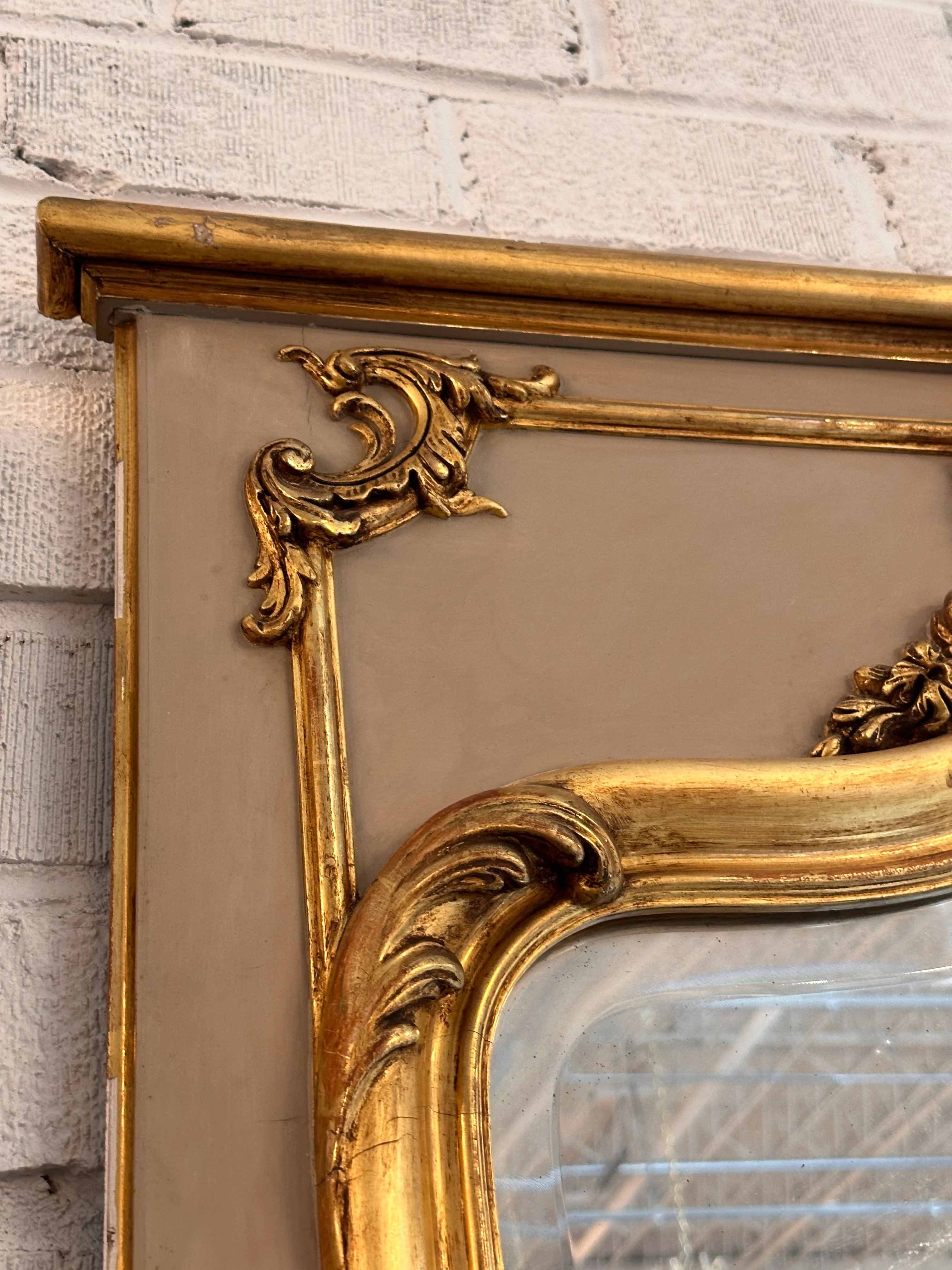 Taupe Trumeau French Mirror with Antique Beveled Glass - Image 3