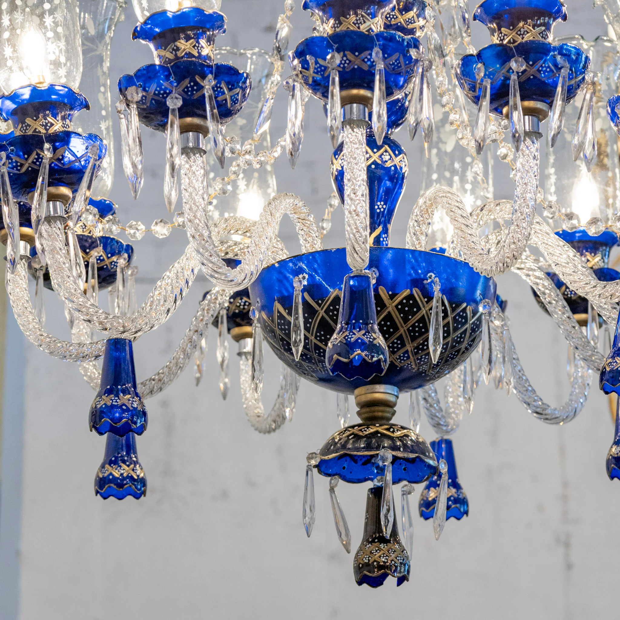Vintage Italian Murano Candelabra Glass Chandelier – Blue with Crystal Drops - Image 3