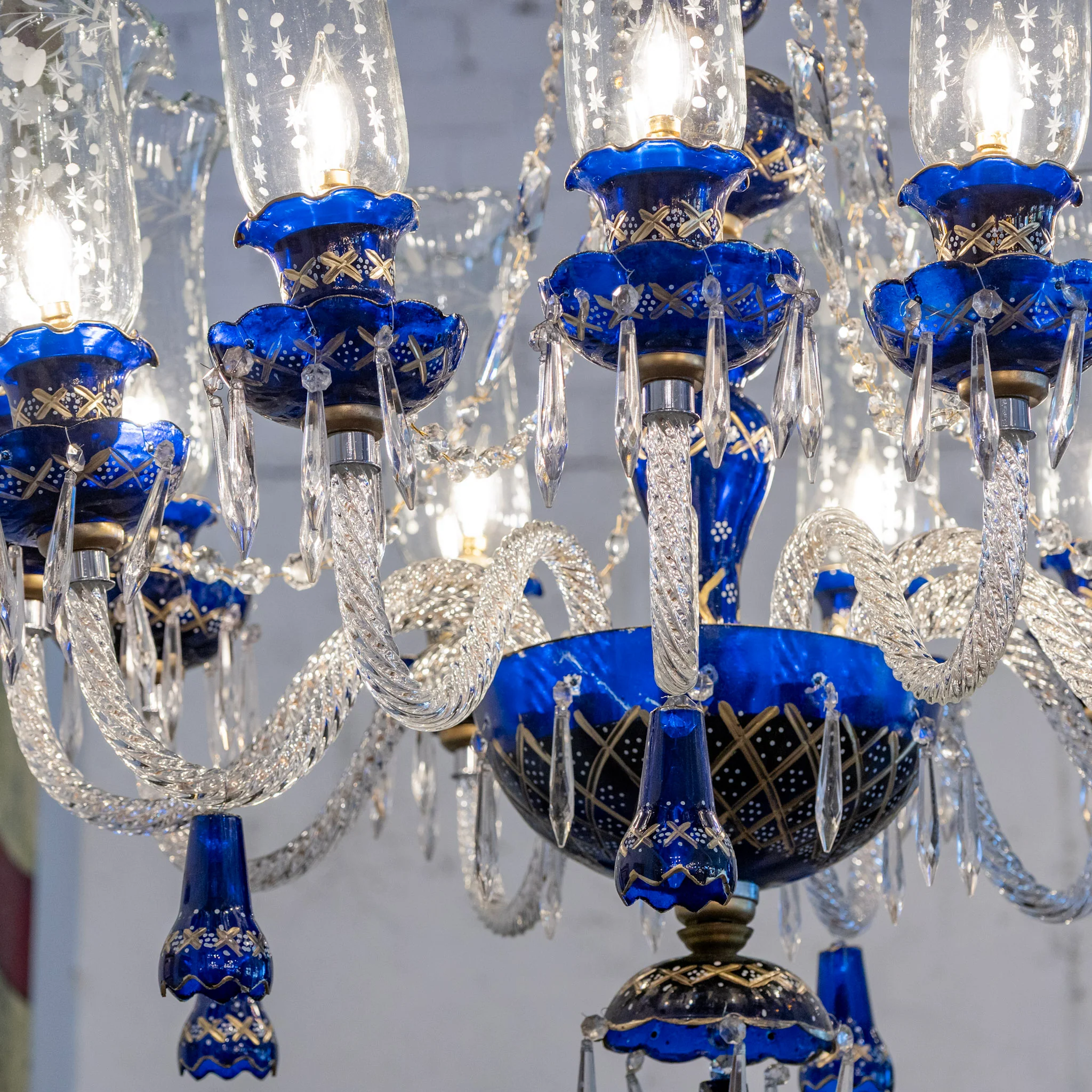 Vintage Italian Murano Candelabra Glass Chandelier – Blue with Crystal Drops - Image 4