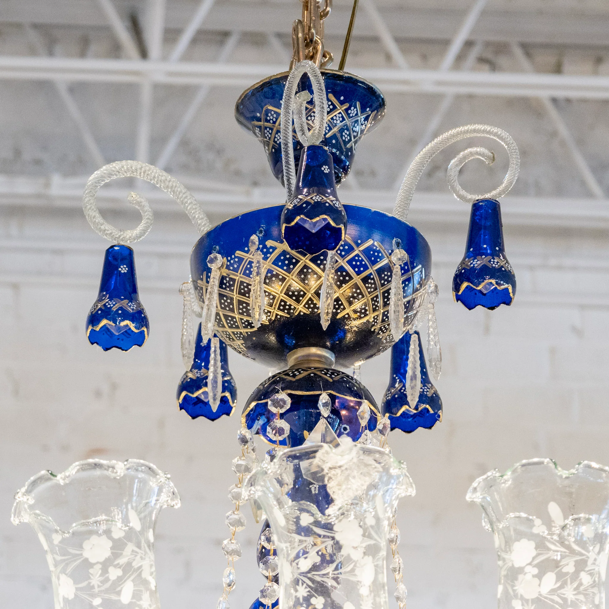 Vintage Italian Murano Candelabra Glass Chandelier – Blue with Crystal Drops - Image 5