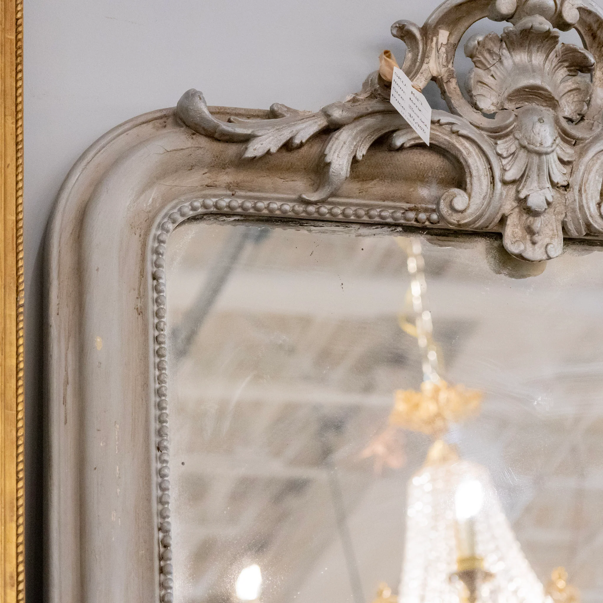 Louis Philippe Distressed Silver Mirror with Carved Crest - Image 4
