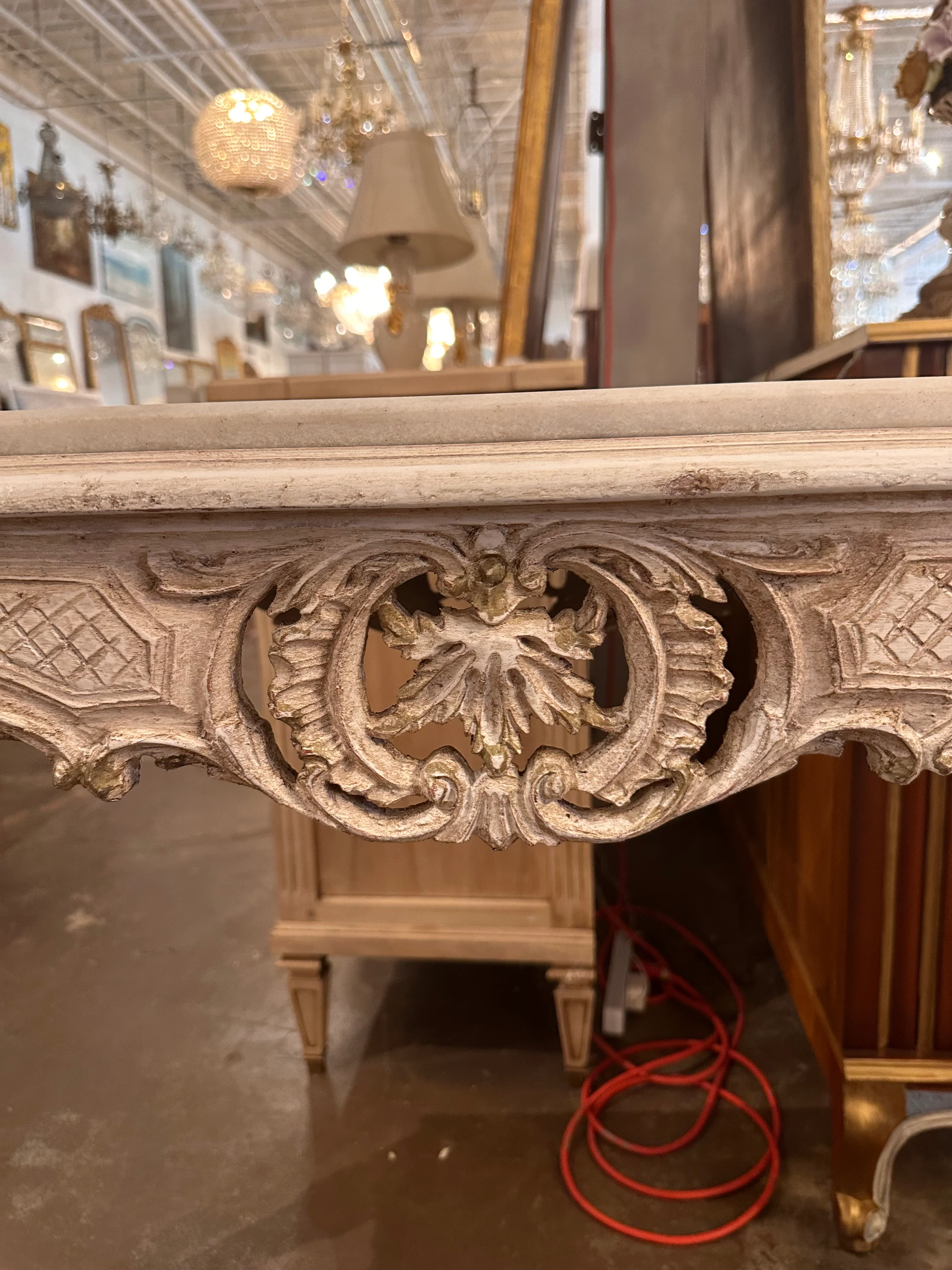 White Louis XVI Marble Top Carving French Console Table - Image 3