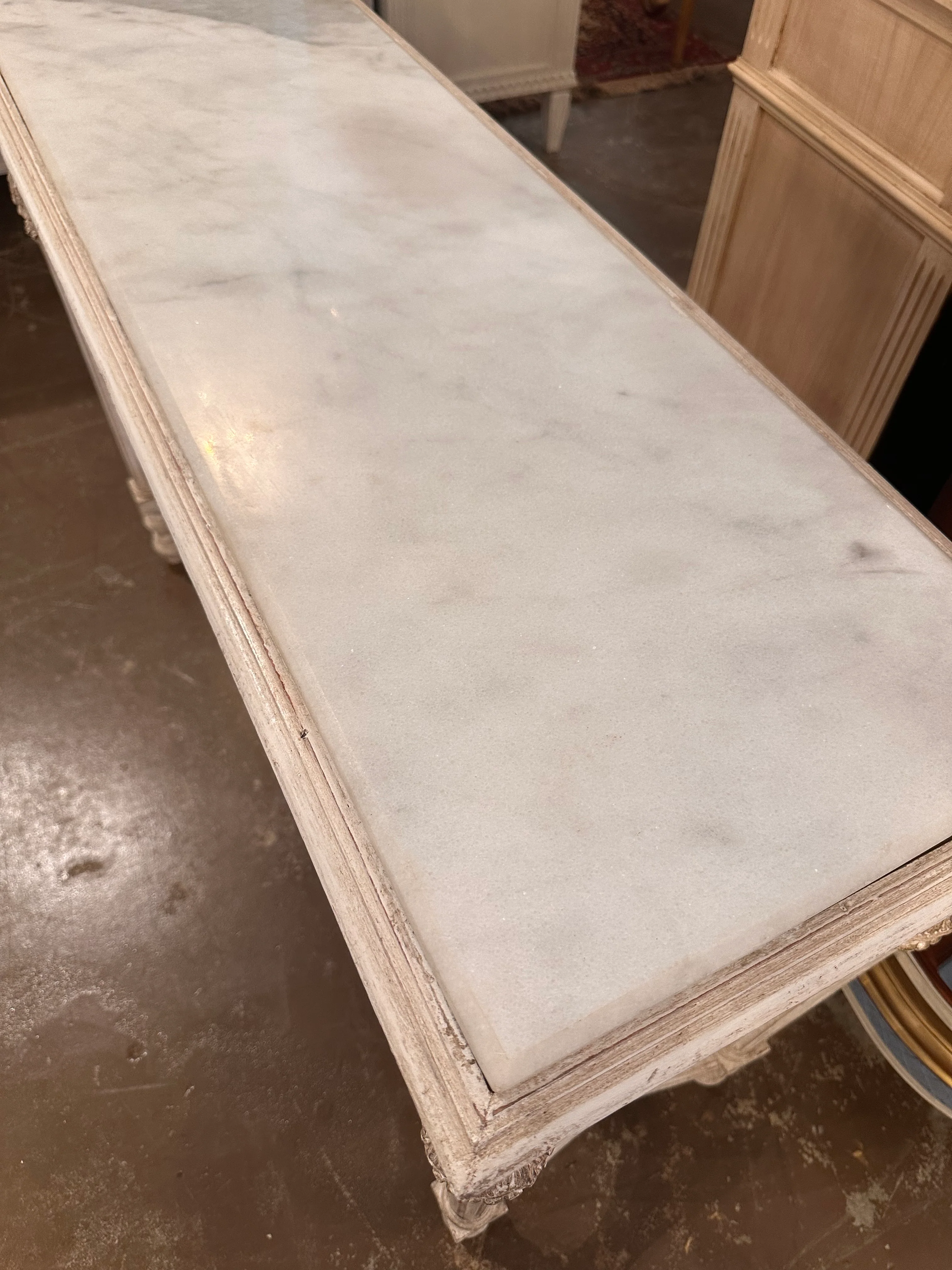 White Louis XVI Marble Top Carving French Console Table - Image 4