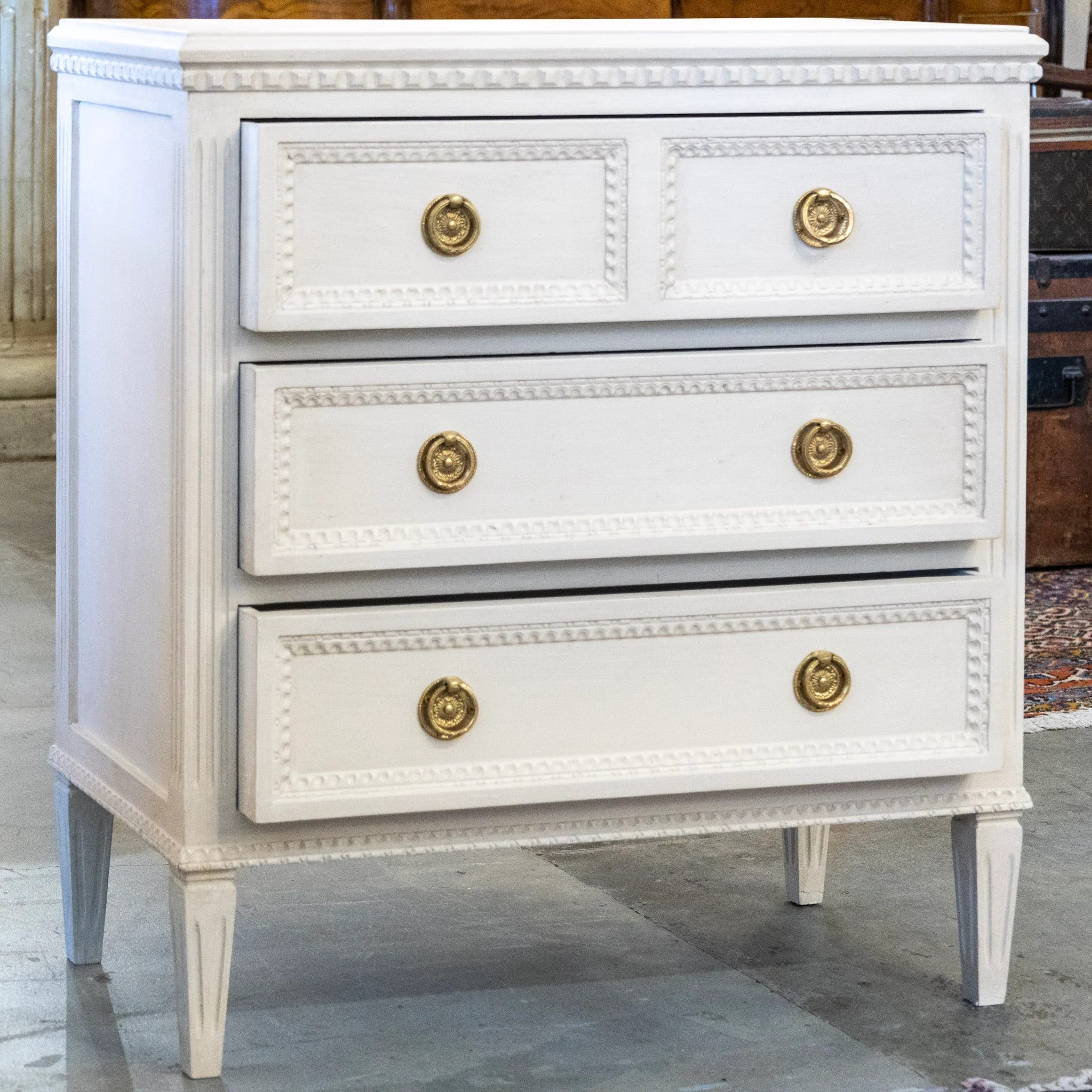Swedish 3-Drawer Chest – Beaded Drawer Trim & Tapered Legs in Dove White - Image 3