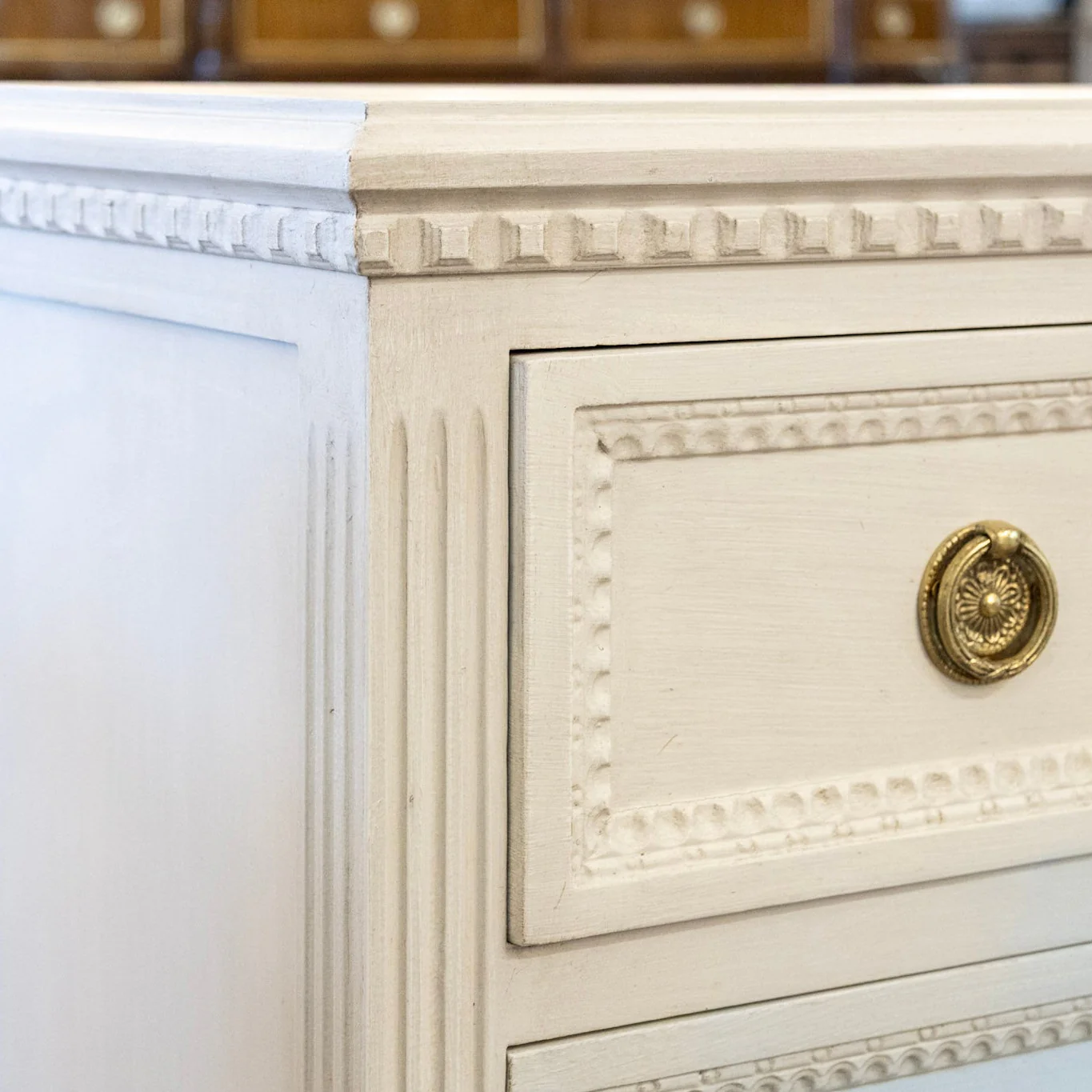 Swedish 3-Drawer Chest – Beaded Drawer Trim & Tapered Legs in Dove White - Image 5